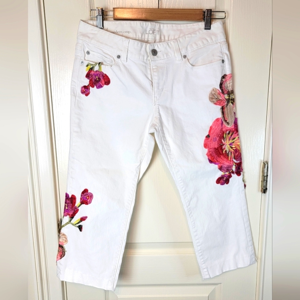LOFT Pink and Cream Ankle Cropped Jeans
